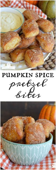 pumpkin spice pretzel bites in a bowl and on a plate with dipping sauce