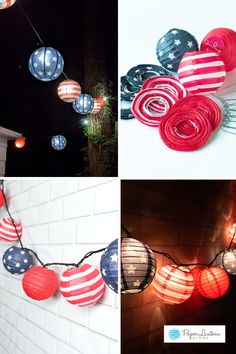 patriotic lanterns are hung on the wall and strung with string lights in different colors, shapes and sizes