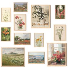 a bunch of paintings are hanging on the wall in front of a window with flowers