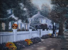 a painting of a man standing in front of a house with a jack - o'- lantern