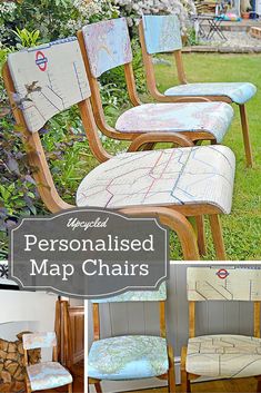 several chairs with maps on them and the words personalised map chairs written in black