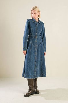 A washed denim midi dress featuring shirt collar, long sleeve, button down with self belt and full skirt 92% COTTON 8%POLYESTER Denim Midi Dress, Boutique Collection, Trendy Collection, Washed Denim, Trendy Dresses, Shirt Collar, Full Skirt, Outerwear Women, Denim Wash