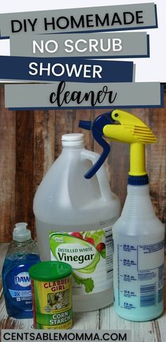 diy bathroom soap scum remover and cleaning products on a wooden table with text overlay