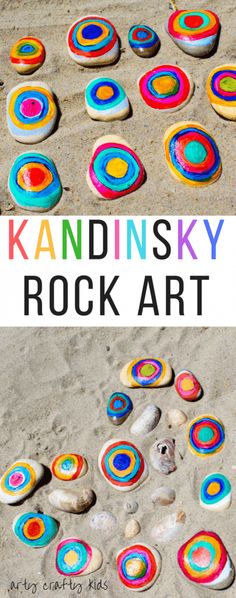 rock art with the words kandinskiy rock art on it and rocks in the sand