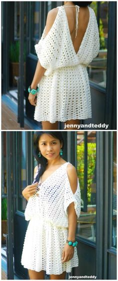 two pictures of a woman in white dress and one is showing her back to the camera