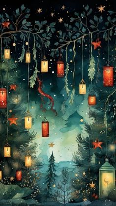 a christmas tree with lanterns hanging from it's branches and stars on the trees