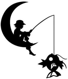 a black and white silhouette of a boy fishing on the moon with a fish hook