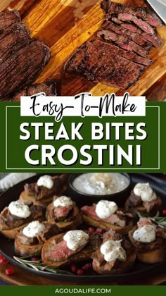 steak bites with goat cheese and crostini on the side