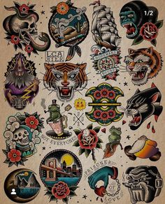 an old school tattoo design with lots of different tattoos