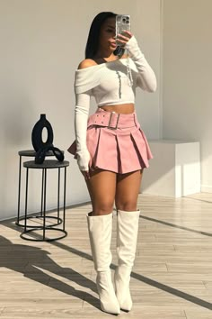 Pleated mid rise denim mini skirt featuring belt buckleShorts liningBack zipper closureRuns true to size Off White Shirt Women Outfit, Dark Coquette Fashion, Skirt And Bodysuit Outfits, Rok Mini, Club Fashion, Shein Outfits, Preppy Girl, Dope Hairstyles, Birthday Outfits