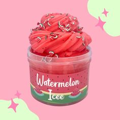 watermelon ice cream with sprinkles in a plastic container on a pink background