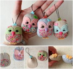 several different pictures of small stuffed animals hanging from strings and in the palm of someone's hand