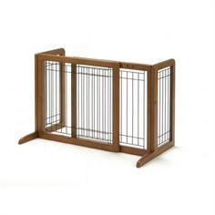 a wooden dog gate with two doors and one door open to allow dogs to enter