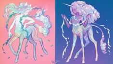 two drawings of unicorns in different colors