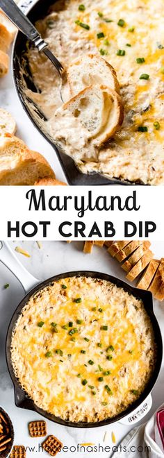 this is an image of a hot crab dip in a cast iron skillet with bread on the side