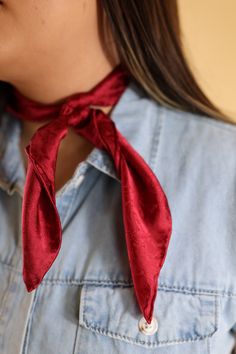 Our beautiful new line of wild rags are so fun and great for the upcoming seasons! Tie this in your hair, around your neck, or around your purse and you're set! This scarf is 100% silk. Size: Mini Wild rag measures 20 x 20 inches. SKU: #Mini Jacquard-Red Red Bandana Print Scarf As Gift, Red Bandana Print Scarves For Gift, Red Bandana Print Scarf Gift, Trendy Red Scarves As A Gift, Trendy Red Scarves For Gifts, Trendy Red Scarves For Gift, Casual Red Scarf As Gift, Trendy Red Scarf, Adjustable Red Bandana For Gifts