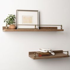 two wooden shelves with books and plants on them in a white walled room, one has a framed photograph above the shelf