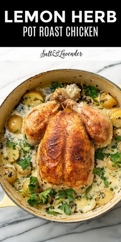 lemon herb pot roast chicken in a skillet with potatoes and spinach