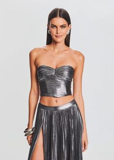 Liana Top – Retrofete Metallic Sheen Top For Night Out, Metallic Top With Sheen For Night Out, Metallic Sheen Tops For Night Out, Chic Fitted Shiny Tops, Glamorous Fitted Tops With Sheen, Chic Metallic Shine Tops, Fitted Shiny Chic Tops, Chic Metallic Tops With Shine Detail, Sleek Fitted Crop Top For Evening