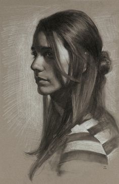 a drawing of a woman's profile with long hair and wearing a striped shirt