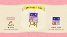 an animal crossing game screen showing the sign for astronomy - sign, and other characters