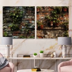 two chairs and a table in front of a wall with potted plants on it