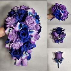 purple and blue bridal bouquet being held by someone's hand with other flowers