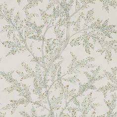 a white wallpaper with green leaves on it