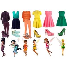 barbie doll clothes and shoes are shown in this image, including fairy princesses with different colors