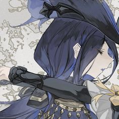 an anime character with blue hair and long black hair, holding a flower in her hand