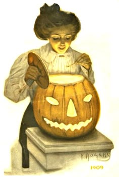 a drawing of a girl carving a jack - o'- lantern