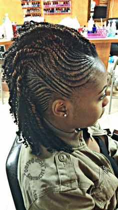 Braids With Mohawk Hairstyles, Braided Mohawk With Curls, Braided Faux Hawk Black, Afro Punk Hairstyles, Braided Mohawk Black Hair, Braids Into A Mohawk, Mohawk Braid Styles, Woman’s Faux Hawk, Cornrow Mohawk