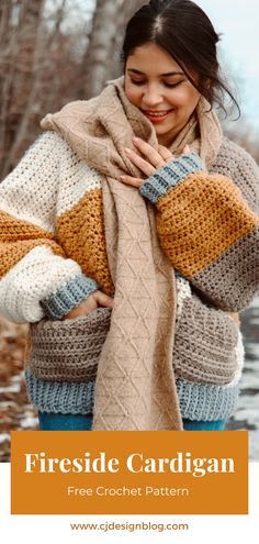 a woman wearing a knitted scarf with the words fireside cardigan free crochet pattern