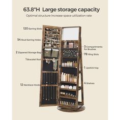 the large storage cabinet has many compartments for cosmetics and other things to be stored in it