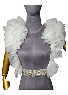 Add a statement piece to your bridal ensemble. Dramatic ruffle styles vest, beautifully attached. to a jeweled . Ships in 6-8 weeks Fitted Wedding Vest, Elegant White Party Vest, Luxury Formal Outerwear With Ruffles, Elegant Spring Vest With Ruffles, Fitted Glamorous Evening Vest, Luxury Ruffled Outerwear For Winter, Chic Fitted Vest With Ruffles, Chic Ruffled Vest, Luxury Fitted Ruffled Outerwear