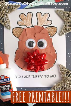 a paper plate with a reindeer face and red bow on it that says you are deer to me free printable