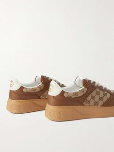 Shop GUCCI Jive Monogrammed Canvas and Leather Sneakers, Explore the latest in-season GUCCI collection today on MR PORTER Shop Gucci, Gucci Collection, Gucci Shoes Sneakers, Jive, Sneakers For Men, Brown Canvas, Gucci Shoes, Mr Porter, Monogram Canvas