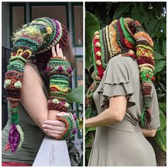 two pictures of a woman wearing crocheted scarves