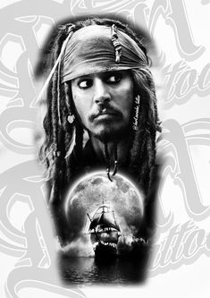 a man with dreadlocks and a pirate ship on his chest is featured in this black and white photo