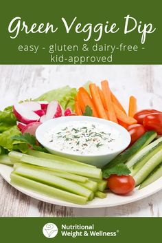 green veggie dip recipe on a plate with vegetables and dip in the middle