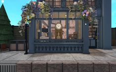 an animated image of a store front with flowers on the window sill and a clock