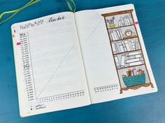 an open notebook with a drawing of a bookshelf