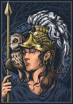 a woman with an owl on her shoulder holding a stick and wearing a helmet that has feathers