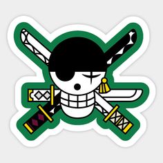 a sticker with a skull and two crossed swords on it's face, in front of a white background