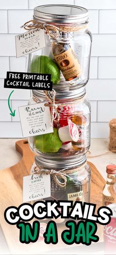 there is a glass jar filled with cocktails in a jar