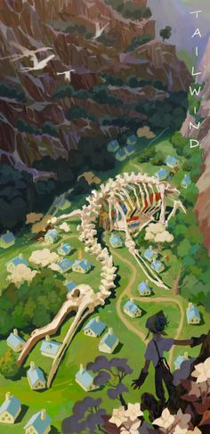 an artist's rendering of a dinosaur skeleton in front of a mountain landscape with trees and houses