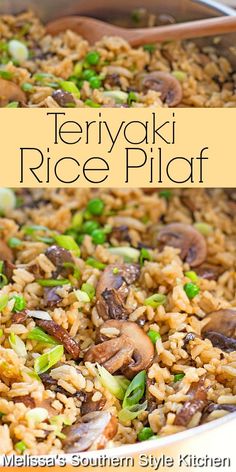 a close up of rice and mushrooms in a pan with the words teriya rice platter