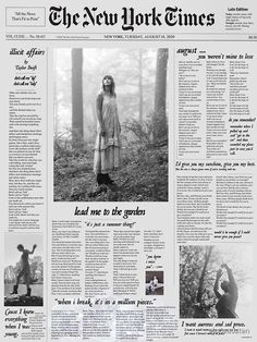 the new york times newspaper front page with an image of a woman standing in the woods