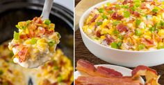 two pictures side by side, one with food in it and the other with bacon