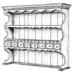 an old bookcase with drawers and shelves on the front, vintage line drawing or engraving illustration